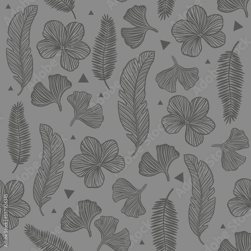 Palm tree and gingko leaves with hibiscus flowers  seamless pattern with hand drawn vector elements 