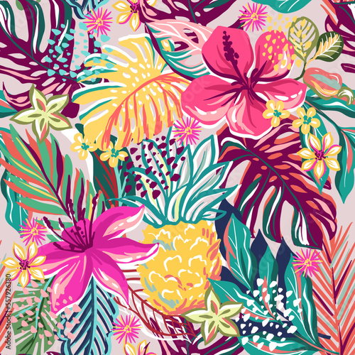 hibiscus flowers and tropical leaves. Seamless pattern with hand drawn digital vector illustrations with floral theme 