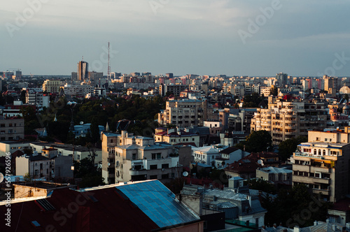 Skyline of Bucharest Romania in Partly Cloudy Sunset