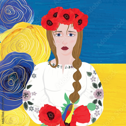 Pray for Ukraine. A sad Ukrainian woman in the background of the yellow-blue rose flower. Vector illustration.