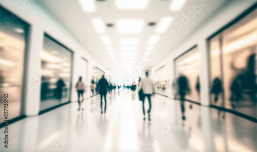 Shopping mall or business hall with people walking. Blur background with bokeh. Abstract urban background with copy space 