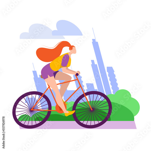 A beautiful girl in shorts rides a bike around the city. Illustration on the theme of spring and bicycles.