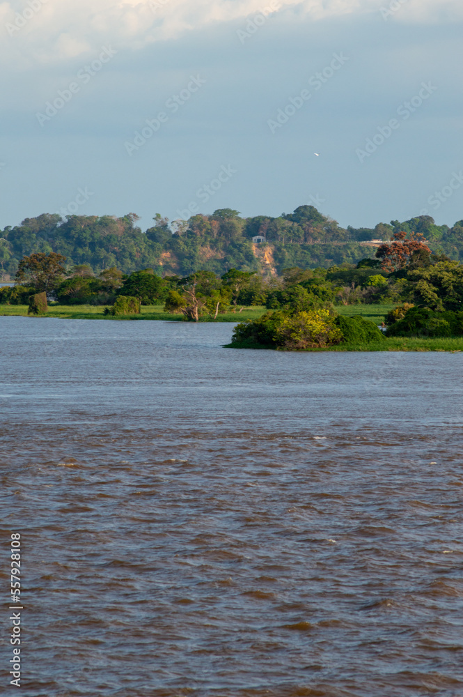 Tropical water landscape of the Rio Amazonas in Brazil seen from a cruise ship during a trip from Manaus to Belem