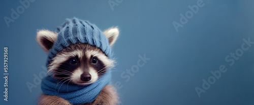 Cute baby raccoo in a knitted hat and scarf, panoramic layout. Generative Ai