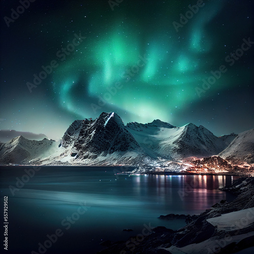 northern lights over the sea snowy mountains and city. Generative Ai © Alexandra