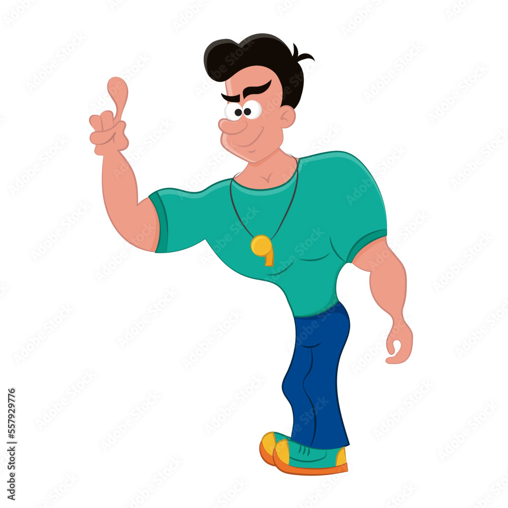 Coach gives instructions during sports practice. Physical education teacher explains to the students how to do the exercise. PNG Vector illustration. Cartoon.