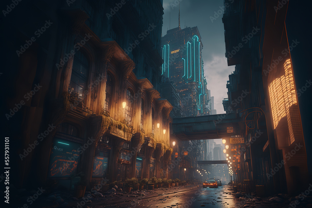 cyberpunk city, landscape, neon, art illustration
