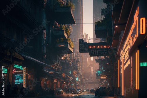 cyberpunk city  landscape  neon  art illustration