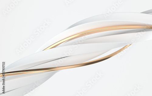 Abstract white and golden twisted geometric shapes, lines. Modern background 3d rendering