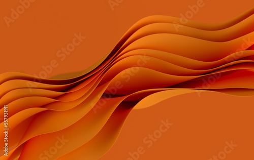 Orange paper or cotton fabric 3d rendering background with waves and curves. Dynamic wallpaper