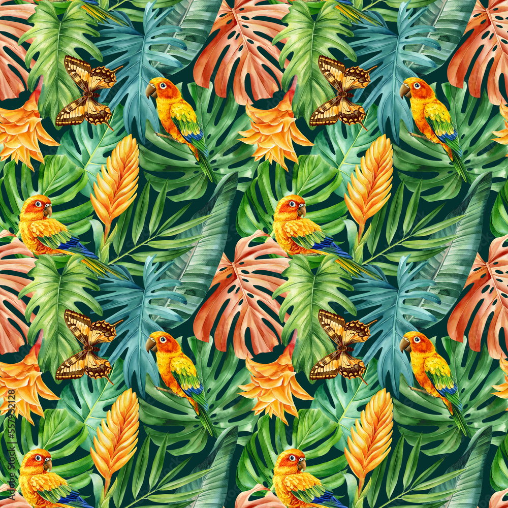 Fototapeta premium Colored Palm leaves, lovebird, butterfly tropical background, watercolor painting. Seamless pattern, jungle wallpaper
