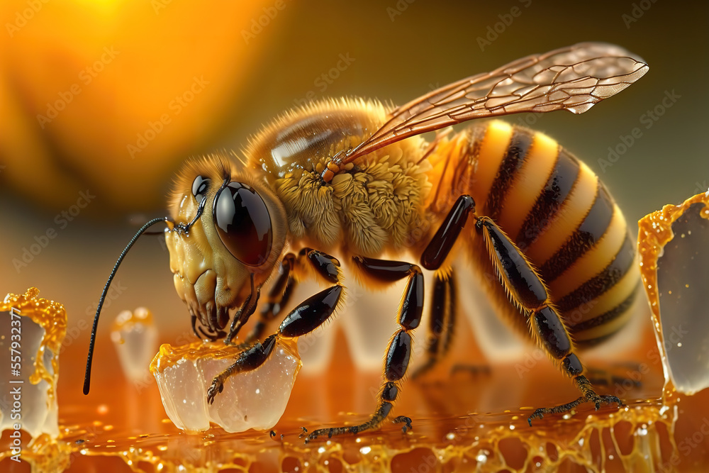 Bee in macro view, big eyes, honeycombs. Background with an insect in yellow colors. Gen Art Bee in macro view, big eyes, honeycombs. Background with an insect in yellow colors. Gen Art