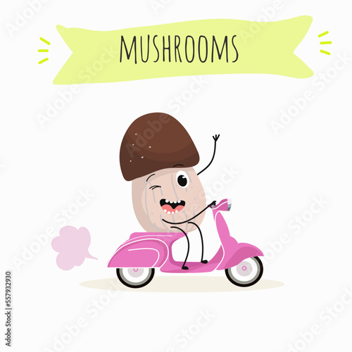 Illustration with mushrooms characters. Funny and healthy food. Vitamins, Food with a cute face, ingredients, vegetarianism, Vector cartoon, antioxidant, forest autumn harvest
