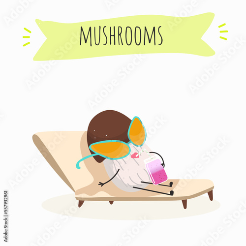 Illustration with mushrooms characters. Funny and healthy food. Vitamins, Food with a cute face, ingredients, vegetarianism, Vector cartoon, antioxidant, forest autumn harvest