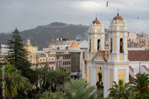 The bell towers of the Cathedral of Ceuta, with Mount Hacho in the background