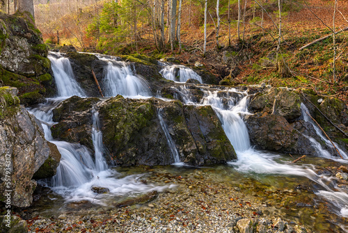 Wasserfall Kaskade im Wald mit r  tlichem Herbstlaub