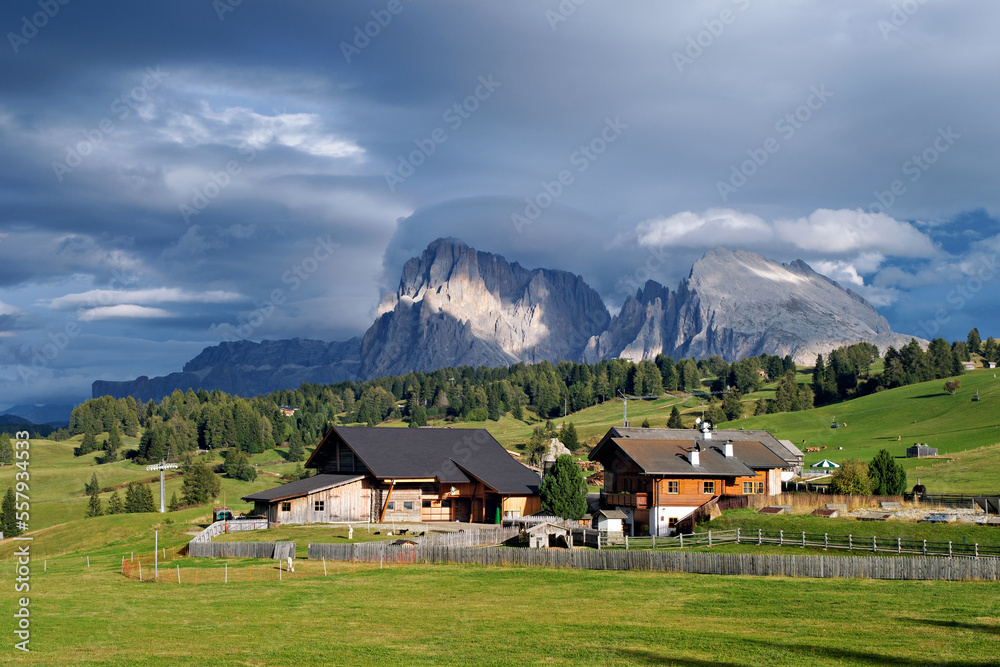 Wonderful panoramic view of the Alpe di Siusi in the dolomites mountains, South Tyrol, Italy