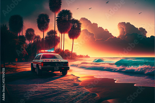 Fototapeta Police car on sea beach, near palm trees