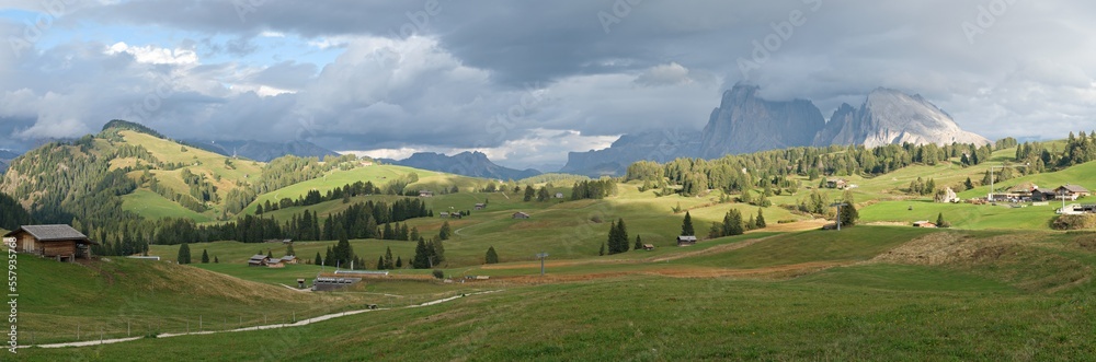 Wonderful panoramic view of the Alpe di Siusi in the dolomites mountains, South Tyrol, Italy