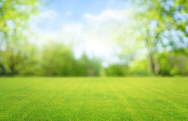 Beautiful blurred background image of spring nature with a neatly trimmed lawn surrounded by trees against a blue sky with clouds on a bright sunny day.