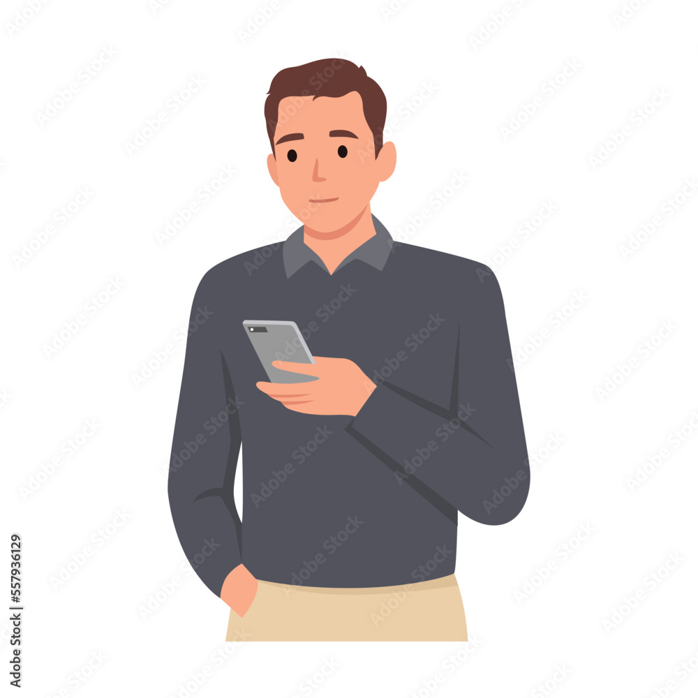 Young man using mobile phone. Flat vector illustration isolated on white background