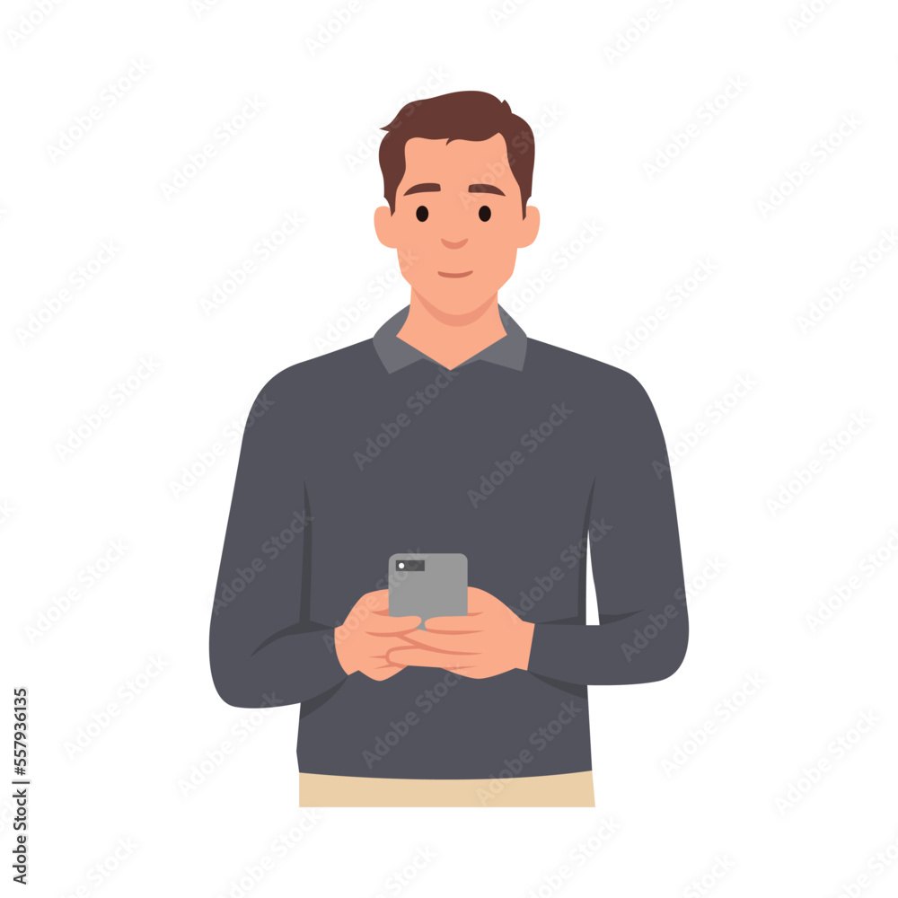 Young man using mobile phone. Flat vector illustration isolated on white background