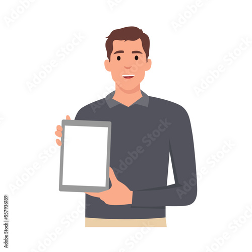 Young man showing or holding blank screen of digital tablet computer in hands. Flat vector illustration isolated on white background