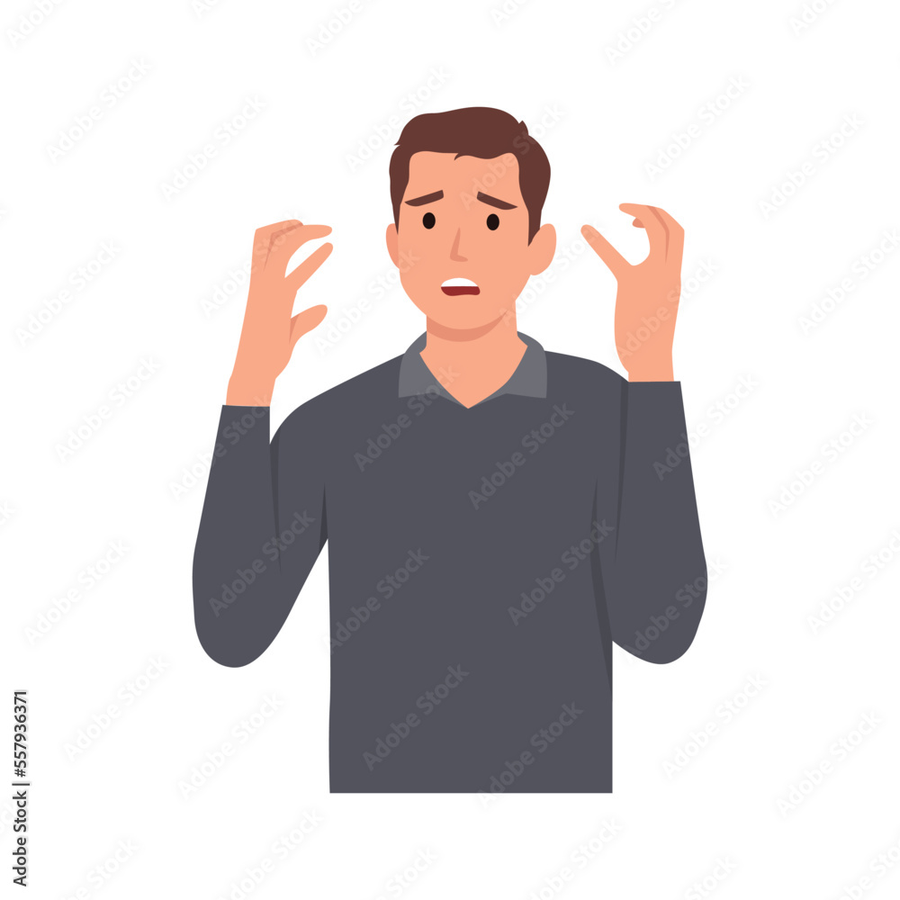 Young man emotionally spreads his hands. Question what's going on or why? Vector illustration in cartoon style. Flat vector illustration isolated on white background Young man emotionally spreads his hands. Question what's going on or why? Vector illustration in cartoon style. Flat vector illustration isolated on white background