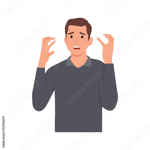 Young man emotionally spreads his hands. Question what's going on or why? Vector illustration in cartoon style. Flat vector illustration isolated on white background