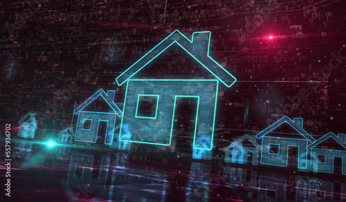 Smart home network system and house control symbol digital concept 3d illustration