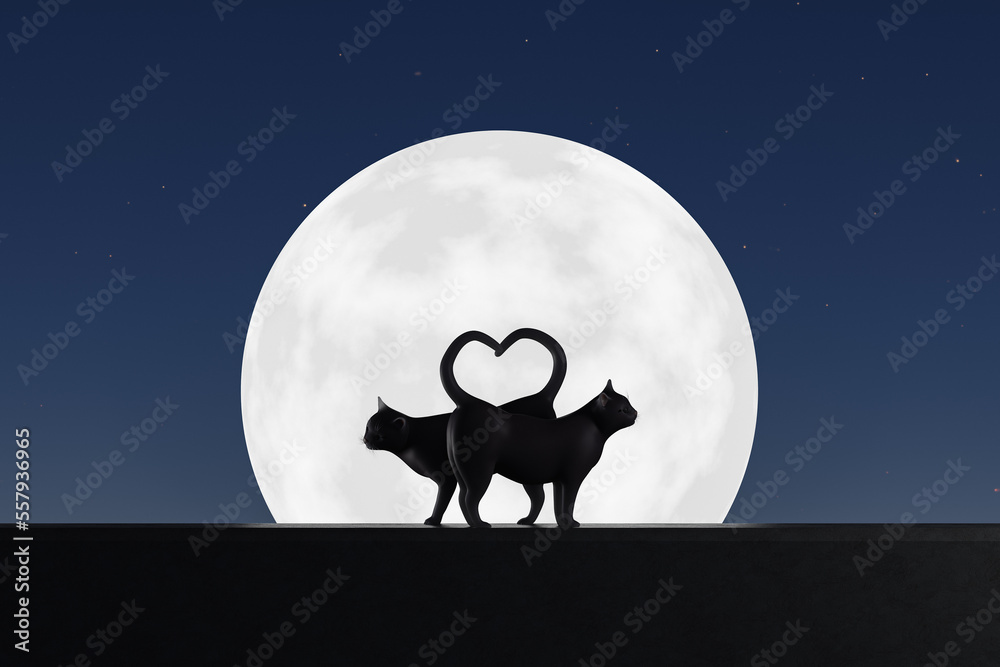 Romantic cats with tails creating heart against moon Romantic cats with tails creating heart against moon