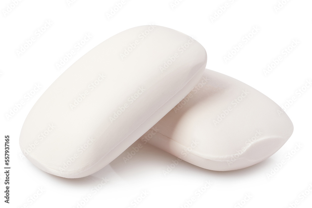 Close-up of two hygiene soap pieces, isolated on white background Close-up of two hygiene soap pieces, isolated on white background