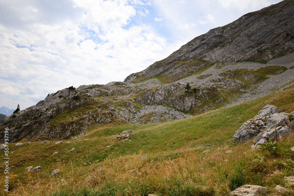 View on the Col de la Colombière which is a mountain pass in the Alps in the department of Haute-Savoie