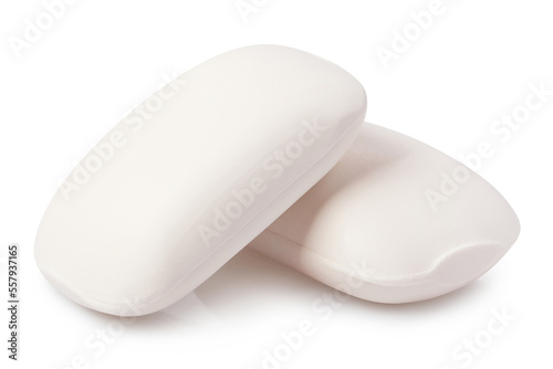Close-up of two hygiene soap pieces, isolated on white background