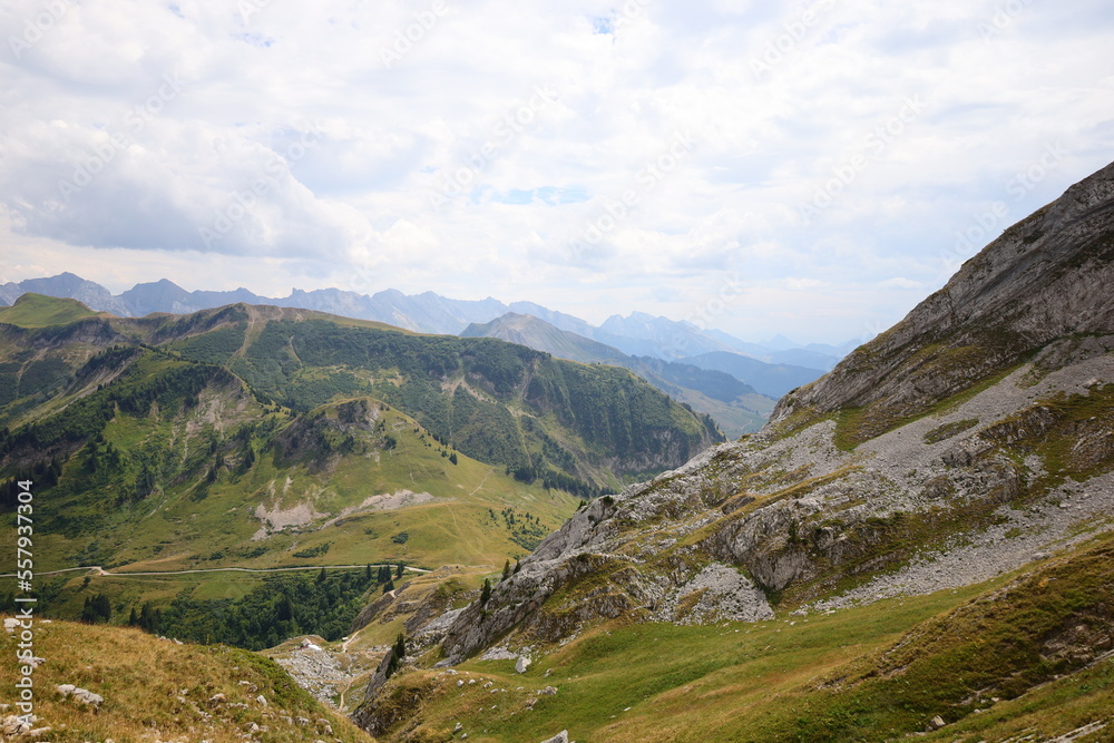 View on the Col de la Colombière which is a mountain pass in the Alps in the department of Haute-Savoie