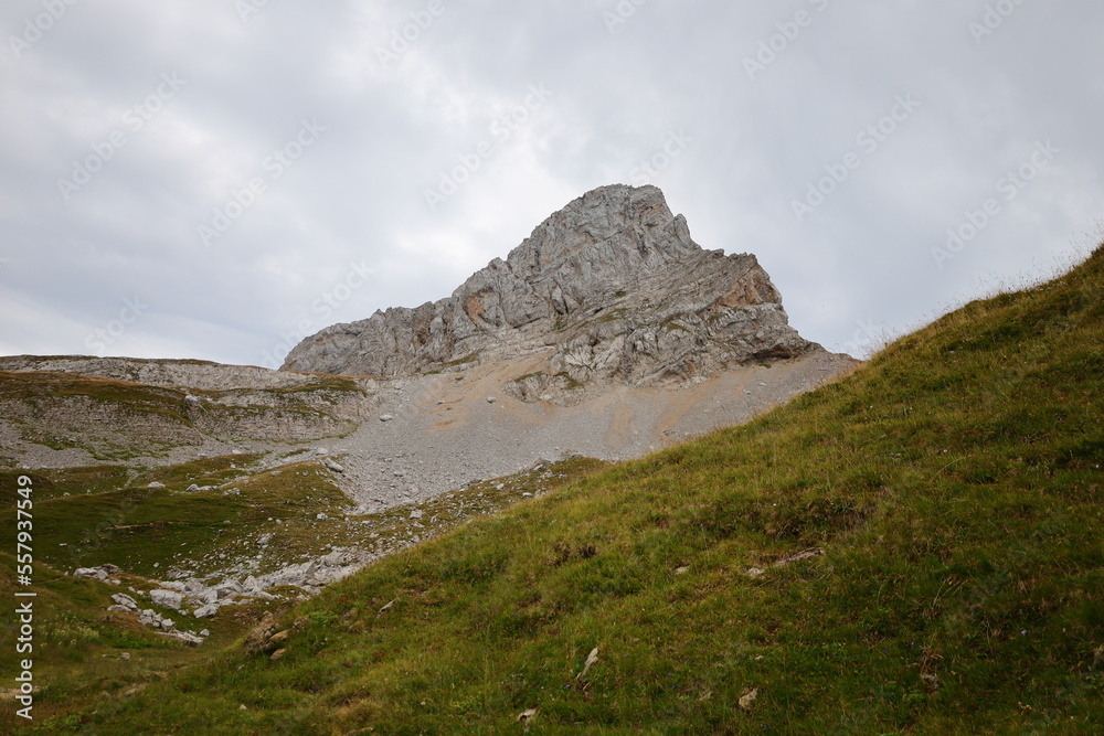 View on the Col de la Colombière which is a mountain pass in the Alps in the department of Haute-Savoie