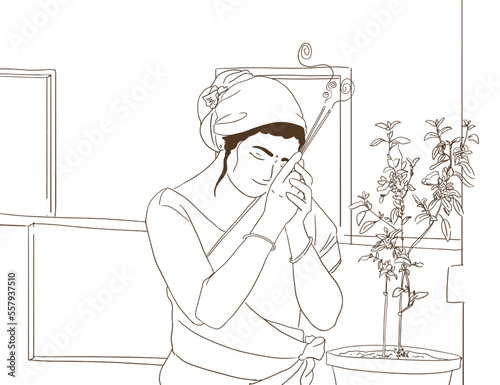 line art of indian women praying to tulsi plant, worshipping plant, indian culture, indian ritual