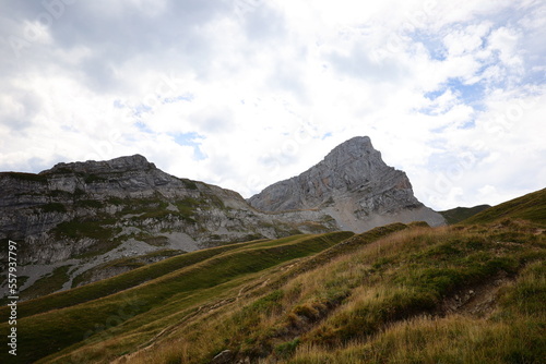 View on the Col de la Colombière which is a mountain pass in the Alps in the department of Haute-Savoie