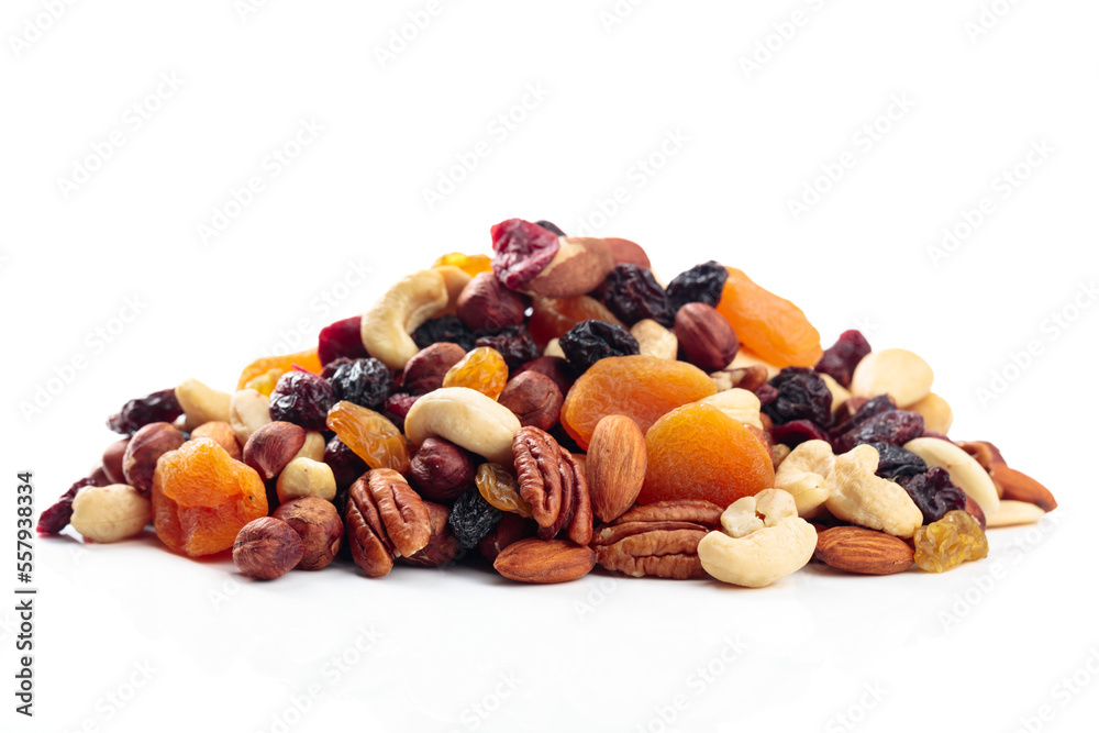 Mix of nuts and dried fruits isolated on a white background. Mix of nuts and dried fruits isolated on a white background.