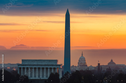 Washington DC skyline during sunrise - The major Monuments and Capitol building in the view