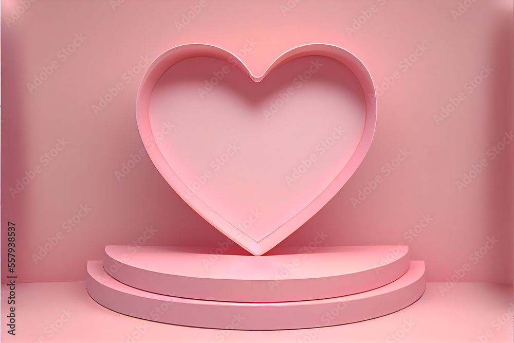 Pastel pink heart shaped podium stage backdrop for product display stand, valentine day display concept Generative Ai