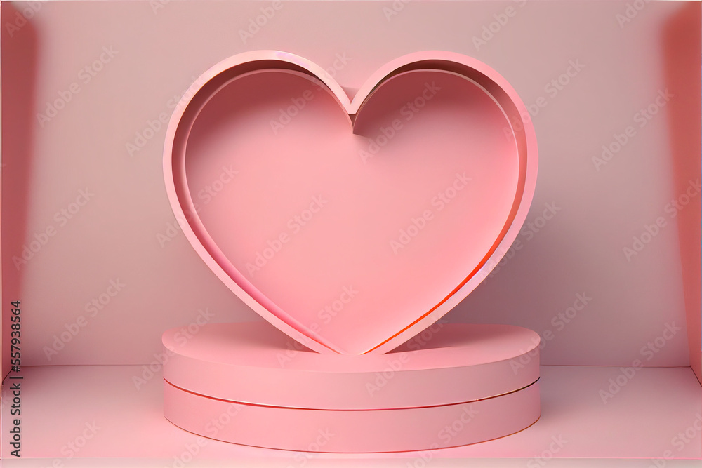 Pastel pink heart shaped podium stage backdrop for product display stand, valentine day display concept Generative Ai