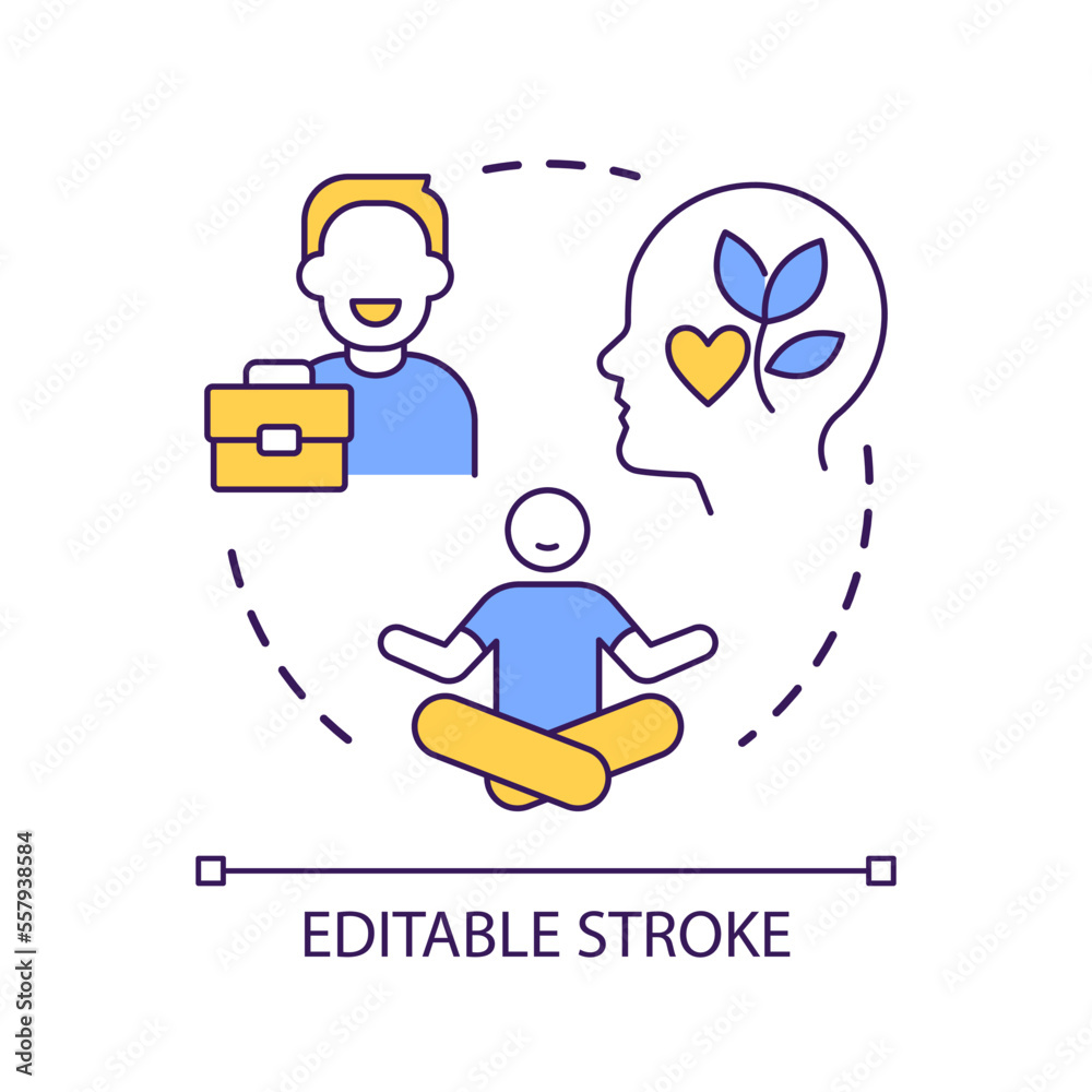 Mindfulness in workplace concept icon. Positive thinking impact on employee productivity abstract idea thin line illustration. Isolated outline drawing. Editable stroke. Arial font used