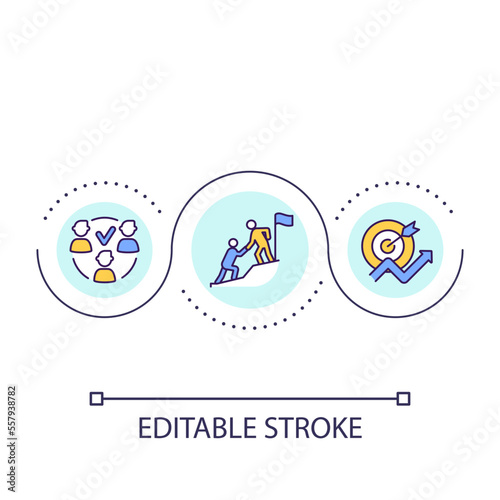 Effective leadership in business loop concept icon. Teamwork for corporate goals reaching abstract idea thin line illustration. Isolated outline drawing. Editable stroke. Arial font used