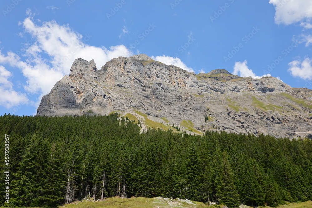 View on a mountain next to the Oeschinen Lake is a lake in the Bernese Oberland, Switzerland,