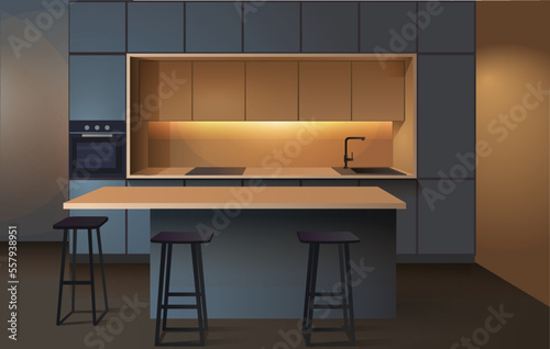 Modern Kitchen interior with island front view realistic vector illustration. Minimalist wide grey kitchen. Luxury apartment interior with bar counter.