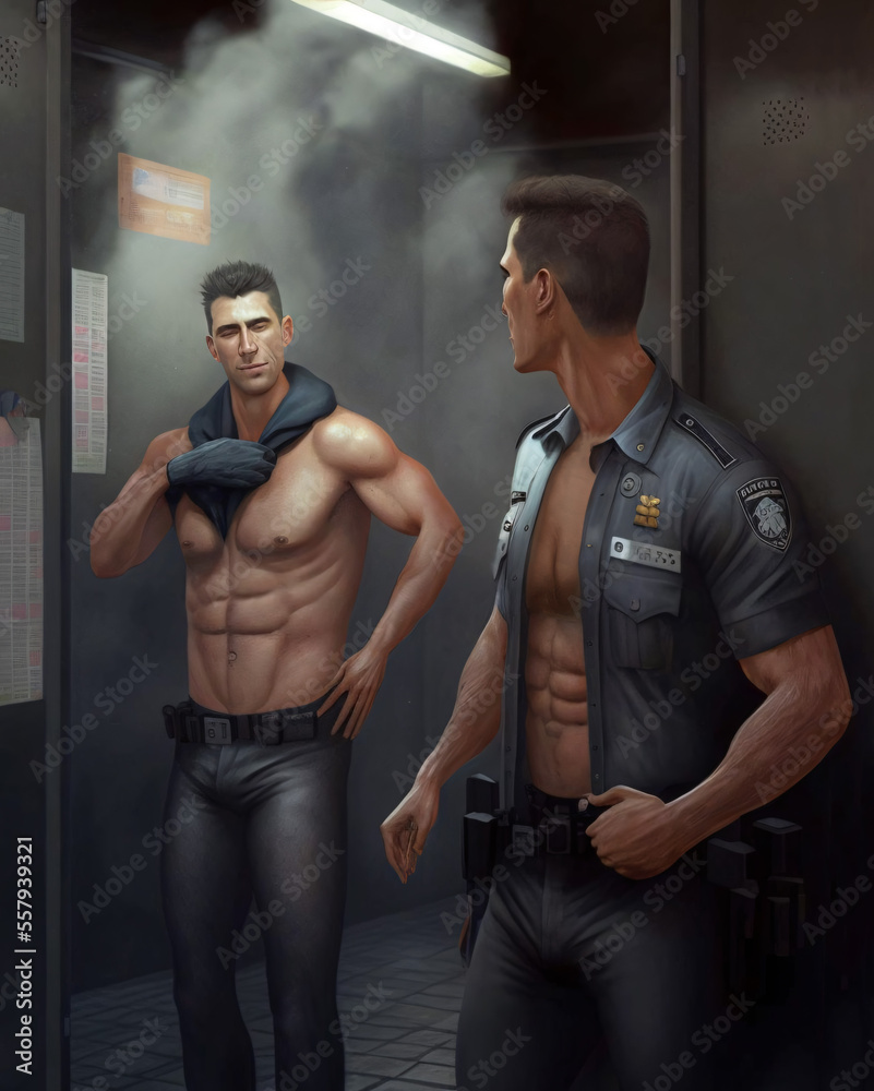 A painting of two men standing next to each other masculine, inside the shower locker room