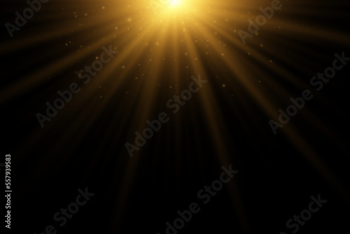Golden sparkling light effect of star or sun with glowing dust isolated on black background. Vector illustration