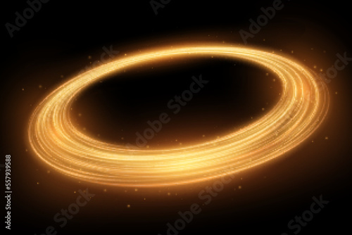 Abstract sparkling light swirl. Golden glowing vortex with sparks isolated on black background. Vector illustration