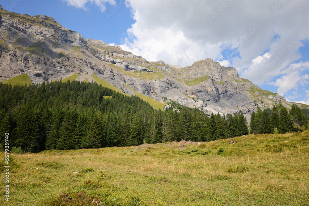 View on a mountain next to the Oeschinen Lake is a lake in the Bernese Oberland, Switzerland,